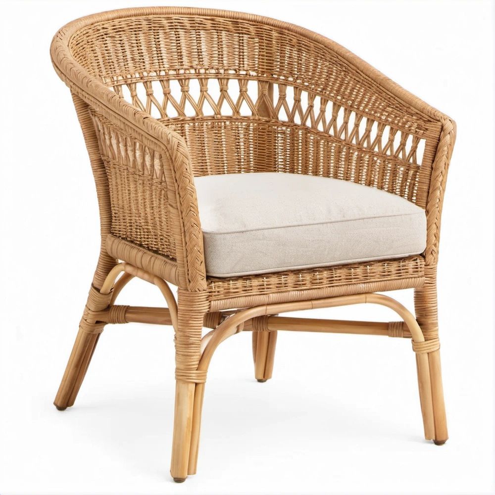 Rattansessel Naturbraun mit cremefarbenem Sitzkissen, 74 x 68 x 80 cm