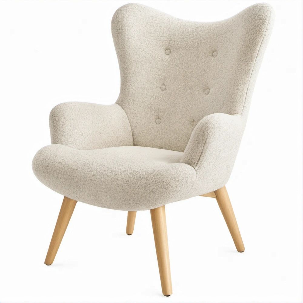 Ohrensessel mit hoher Rückenlehne in Cremeweiss, Bouclé-Polyester und Massivholz, 74 x 85 x 105 cm