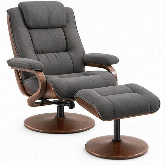 Drehbarer Relaxsessel mit Hocker, Dunkelgrau/Walnussbraun, 80 x 84 x 102 cm