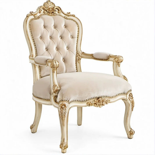 Barocksessel mit Armlehnen, Creme/Gold, Polyester-Samt, 76 x 68 x 125 cm