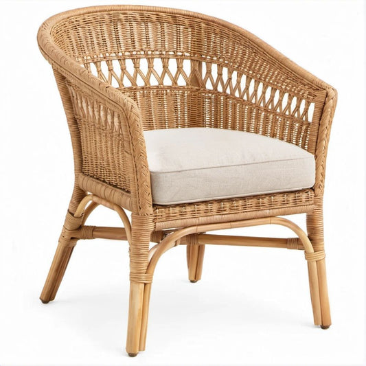Rattansessel Naturbraun mit cremefarbenem Sitzkissen, 74 x 68 x 80 cm