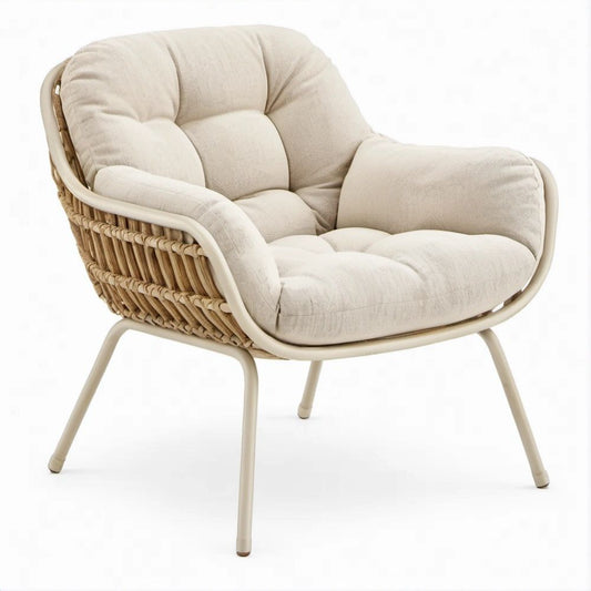 Loungesessel mit Armlehnen aus Natur-Rattan, Creme, 78 x 86 x 82 cm