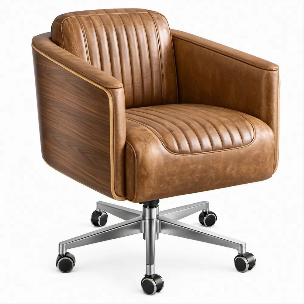 Drehbarer Loungesessel in Cognacbraun mit Walnussfurnier, 76 x 78 x 86 cm