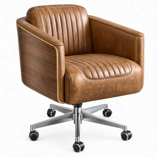 Drehbarer Loungesessel in Cognacbraun mit Walnussfurnier, 76 x 78 x 86 cm