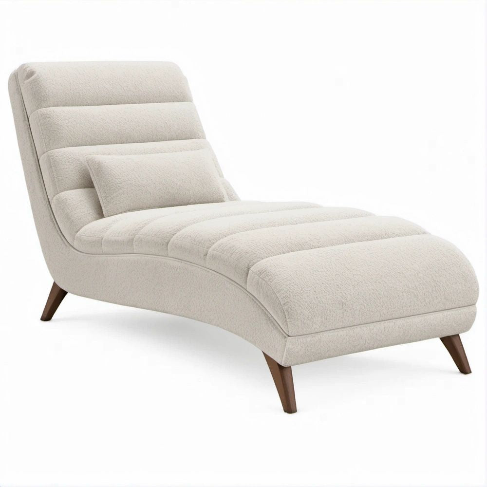 Gebogene Chaiselongue in Creme mit braunen Kautschukholzfüssen, 160 x 75 x 88 cm