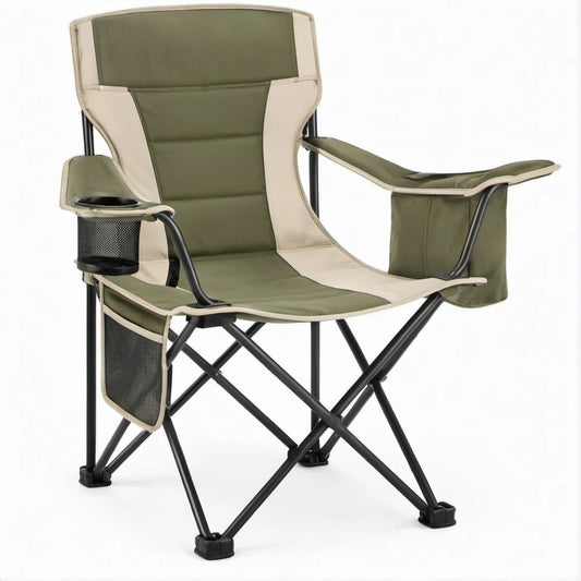 Klappbarer Campingstuhl mit Armlehnen, Becherhalter und Seitentasche, Olivgrün/Beige/Schwarz, 60 x 60 x 110 cm
