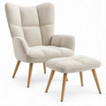 Ohrensessel mit Fusshocker in Creme, Bouclé-Bezug und Buchenholzbeinen, 78 x 86 x 101 cm