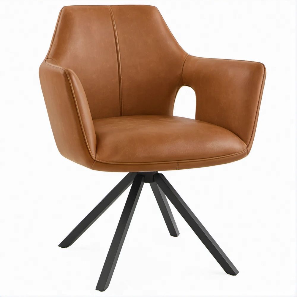 Drehbarer Sessel mit Armlehnen, PU-Kunstleder Braun, Stahlgestell Schwarz, 65 x 65 x 83 cm