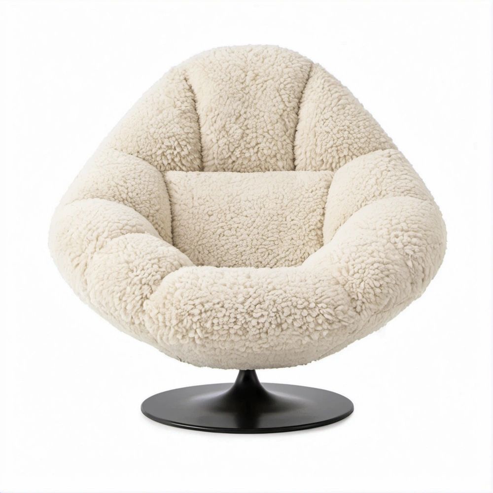 Drehbarer Loungesessel in Creme mit Teddyplüsch und schwarzem Stahlfuss, 82 x 85 x 78 cm