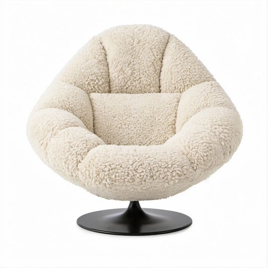 Drehbarer Loungesessel in Creme mit Teddyplüsch und schwarzem Stahlfuss, 82 x 85 x 78 cm