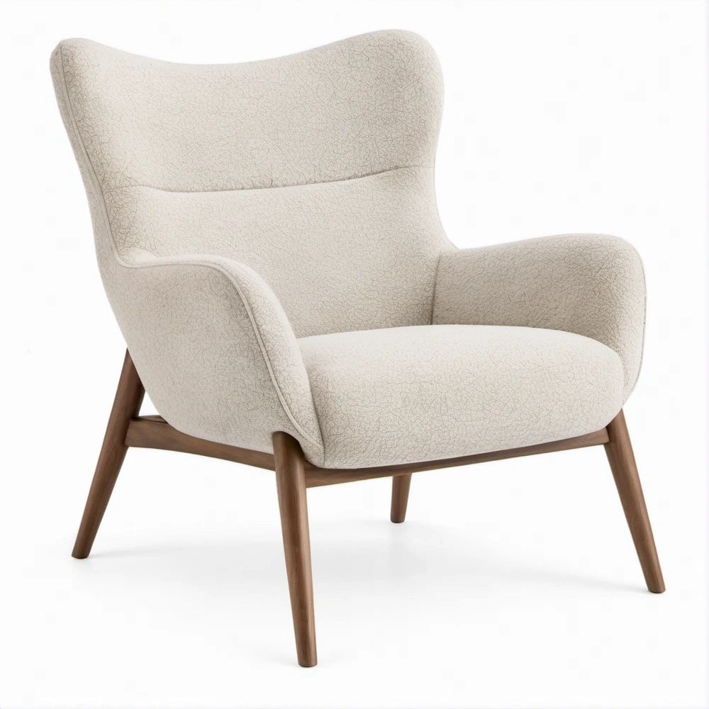 Ohrensessel mit Bouclé-Bezug und Massivholzgestell, Creme/Braun, 77 x 85 x 100 cm