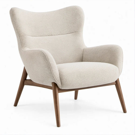 Ohrensessel mit Bouclé-Bezug und Massivholzgestell, Creme/Braun, 77 x 85 x 100 cm