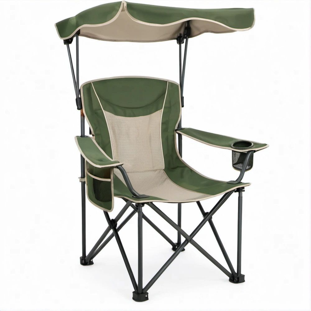 Faltbarer Campingstuhl mit Sonnendach Grün/Beige/Schwarz, 60 x 60 x 140 cm
