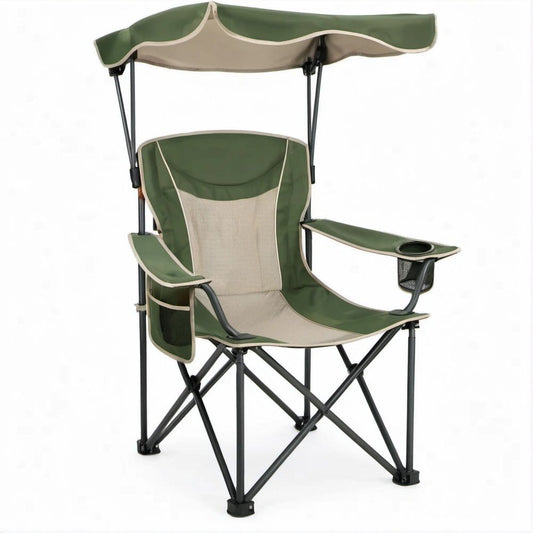 Faltbarer Campingstuhl mit Sonnendach Grün/Beige/Schwarz, 60 x 60 x 140 cm